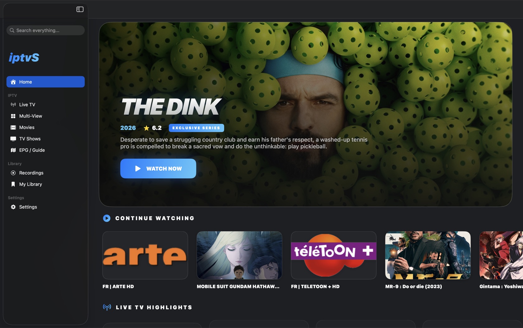 Home screen with a featured series hero and a Continue Watching row