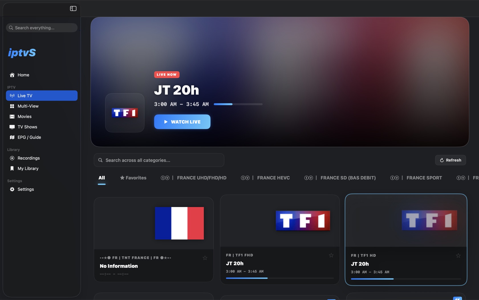 iptvS Live TV — a now-playing banner over the channel grid, with EPG timings on each card