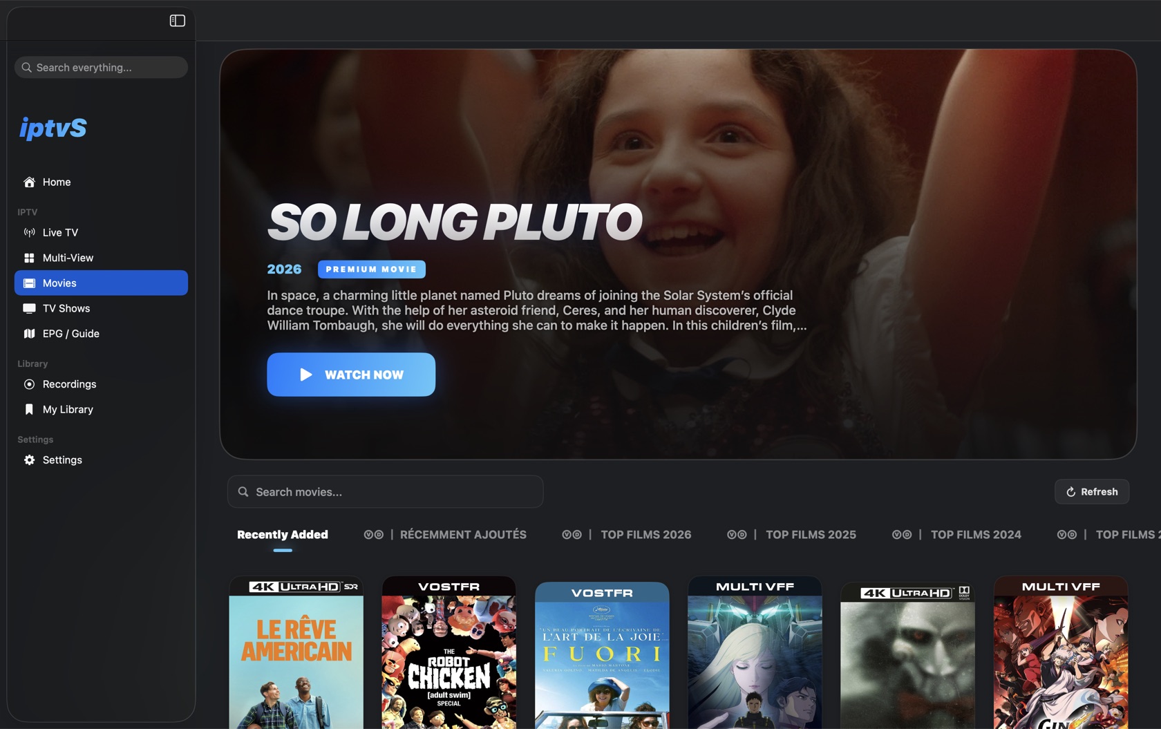 Movies section with a backdrop hero and poster rows