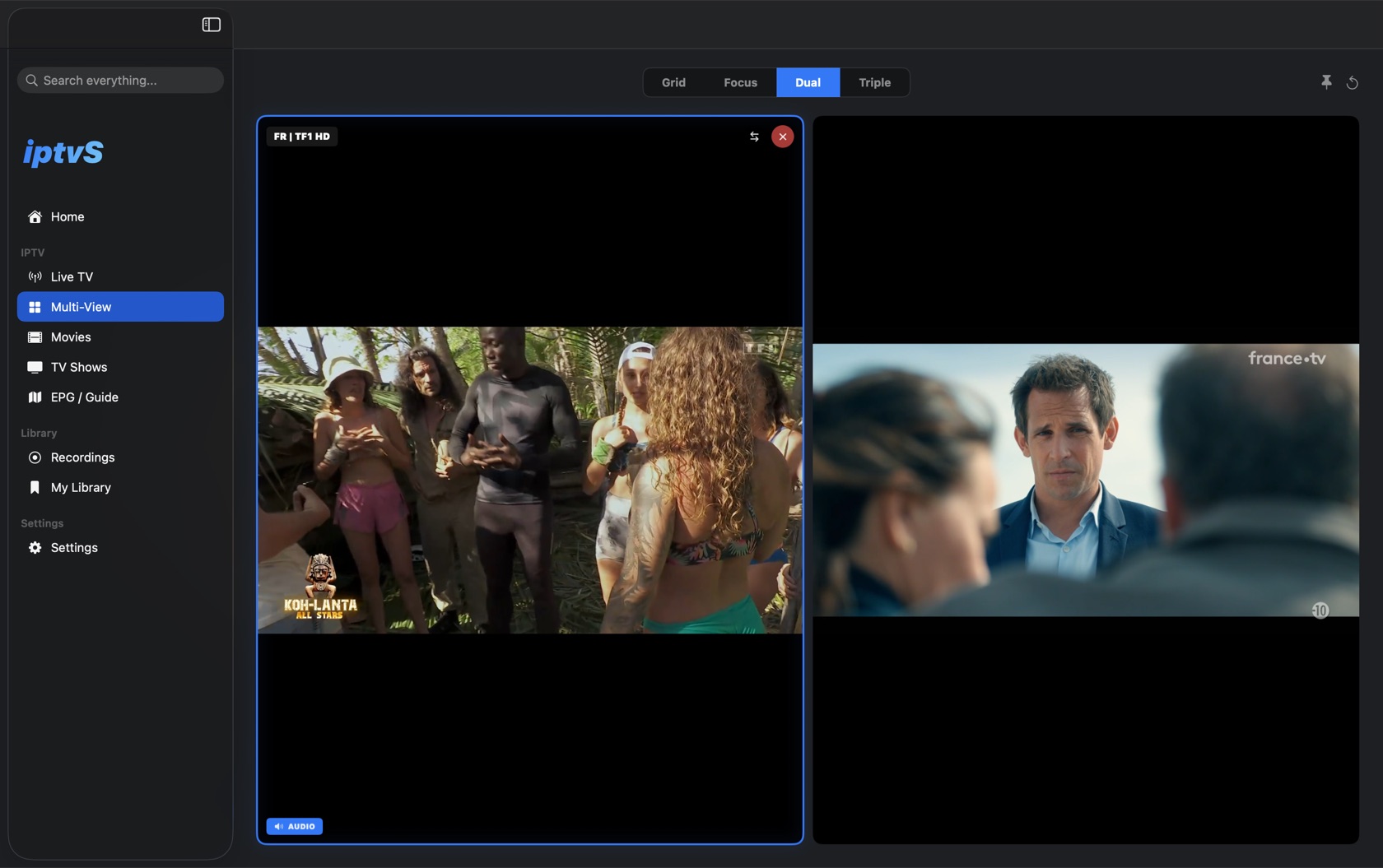 Multi-View showing two live channels side by side
