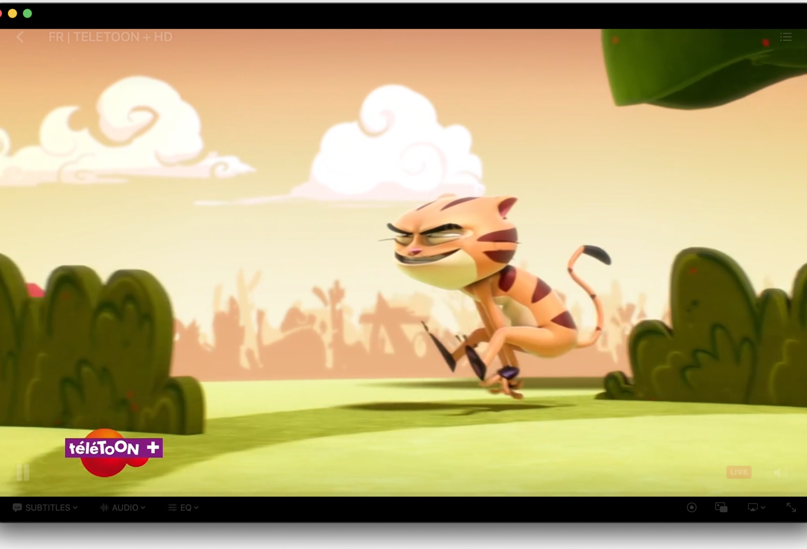 Full-screen player with Subtitles, Audio track and EQ controls in the bottom row