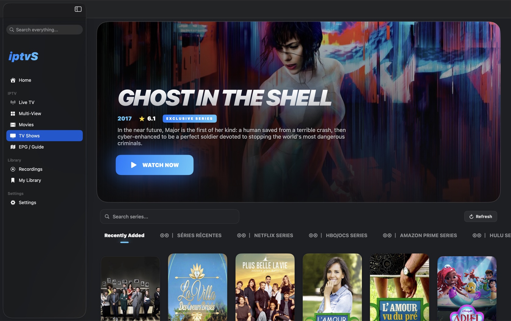 TV Shows section with series artwork
